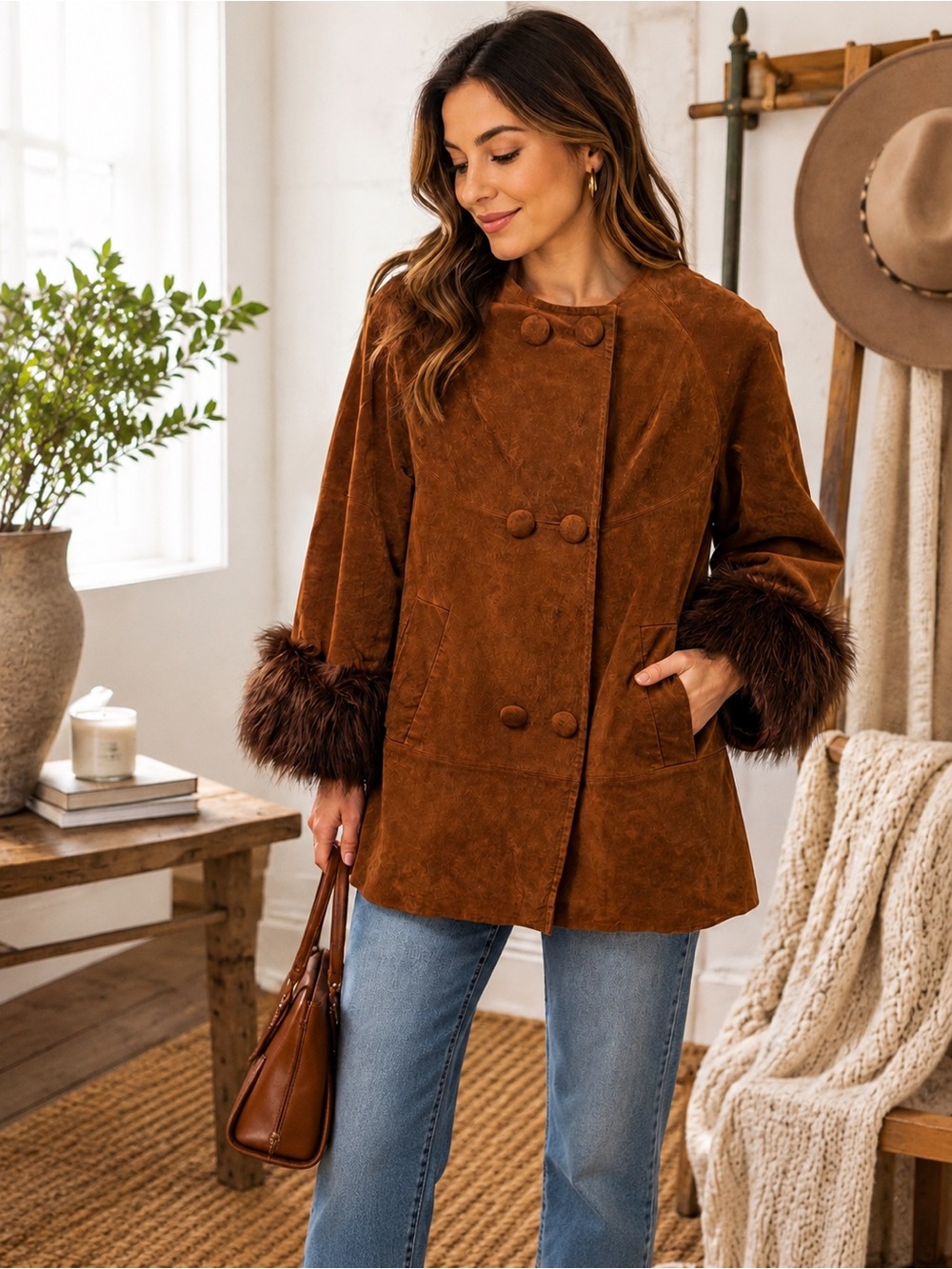 NWT Adrienne Landau Brown Suede Jacket with Faux Fur Cuffs | Size XS NWT